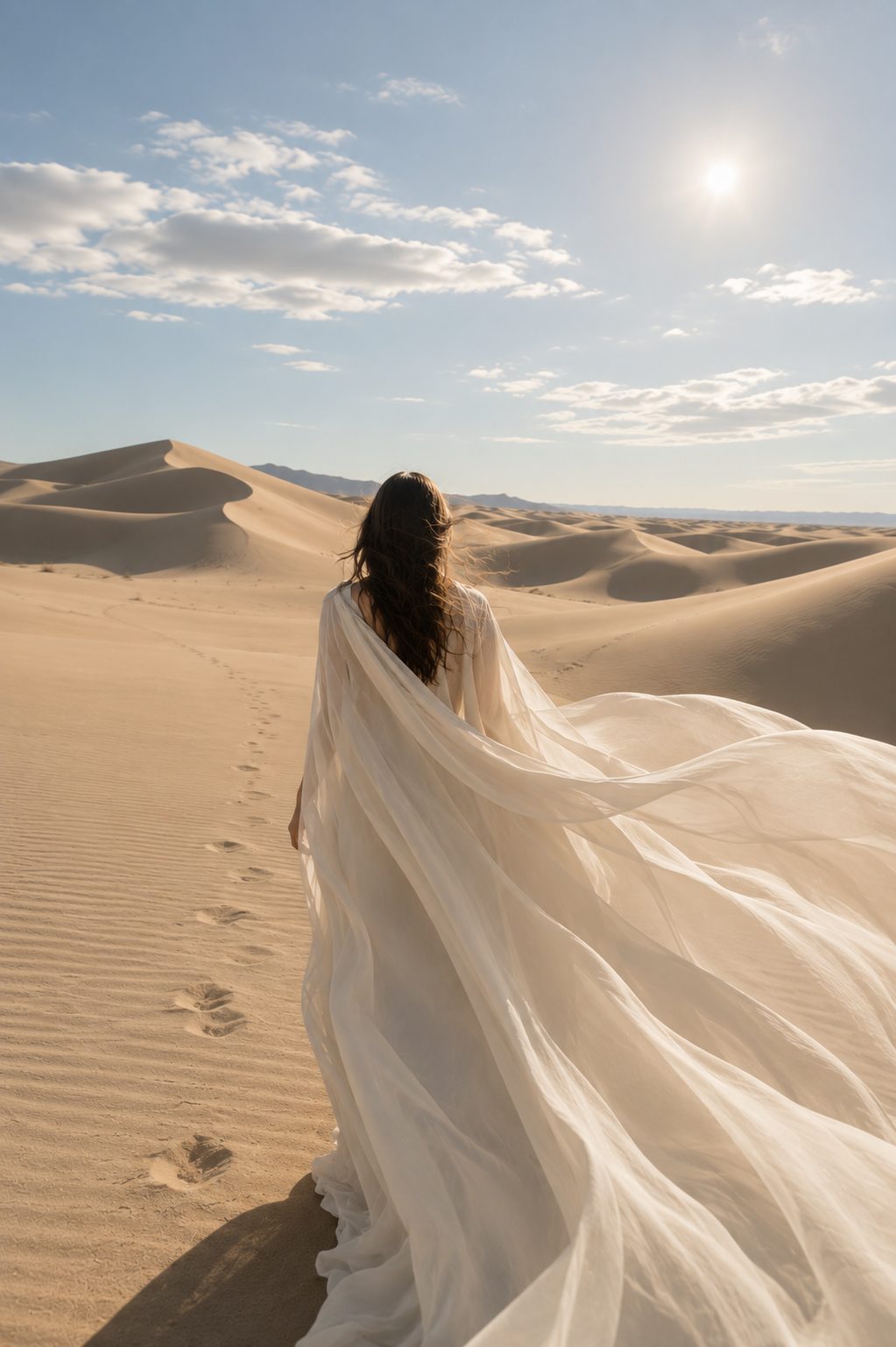 A woman in a flowing veil walking across sunlit desert dunes
