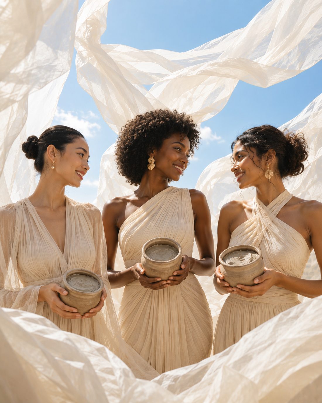 Three women in flowing dresses holding clay vessels, beneath sheer fabric in the wind