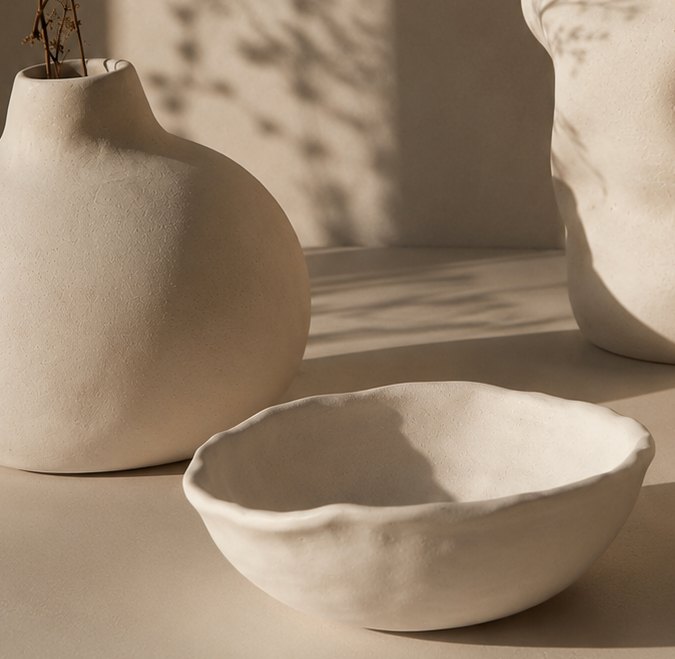Handmade clay vessels in soft light