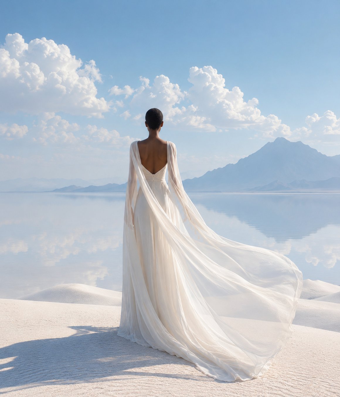 A woman in a flowing white gown at the edge of a still salt lake