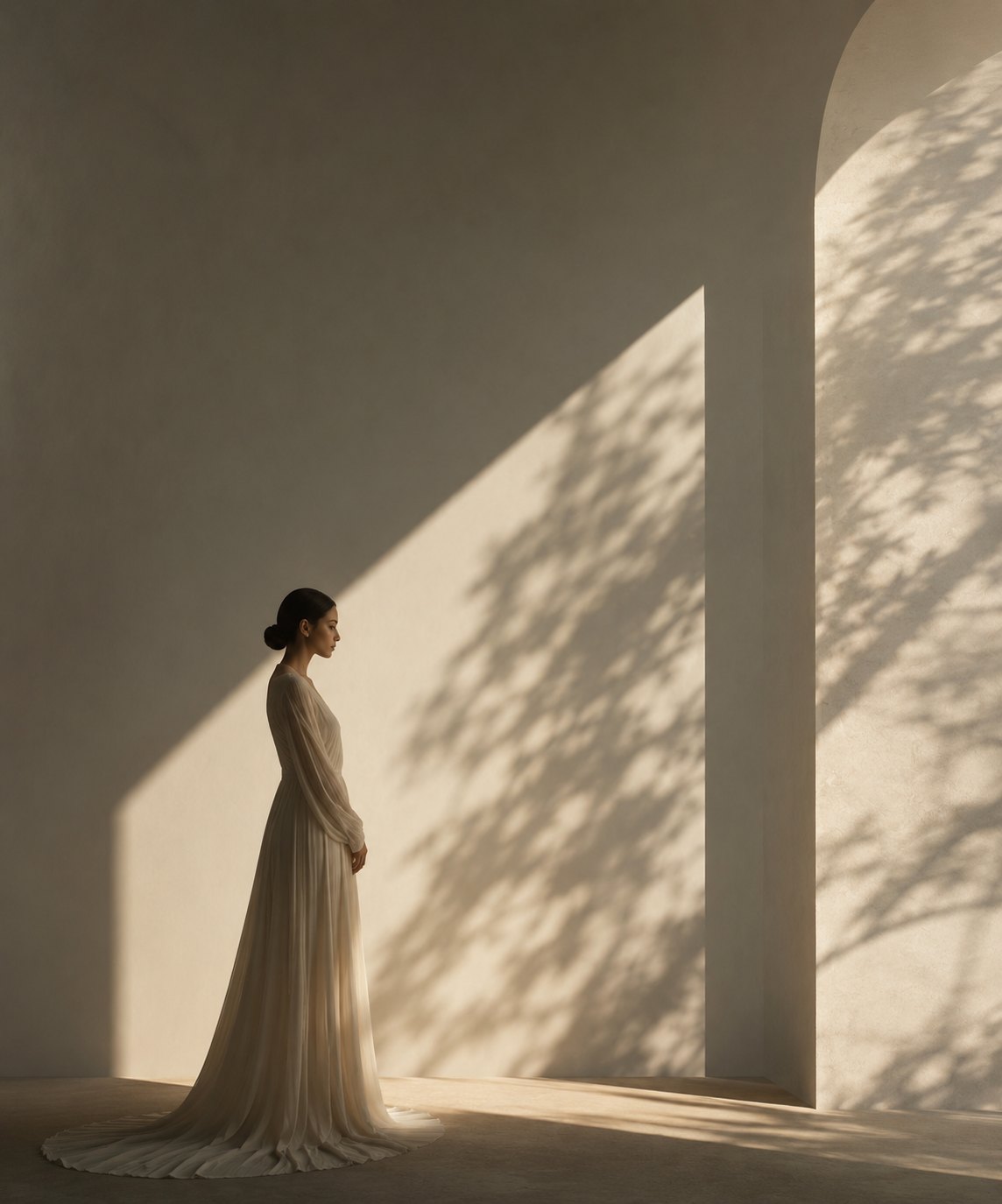A woman in a flowing gown standing in stillness, soft light and leaf shadows on the wall