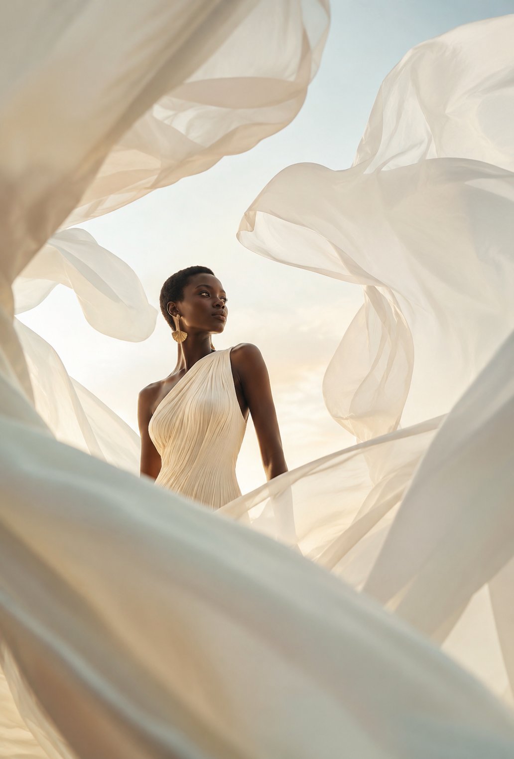 A woman in flowing silk, sunlit and serene